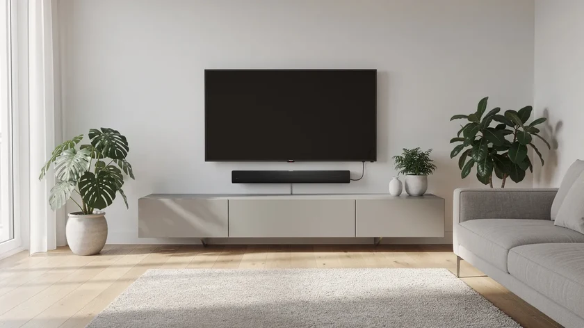 Barre de son premium placée devant un écran mural dans un intérieur scandinave