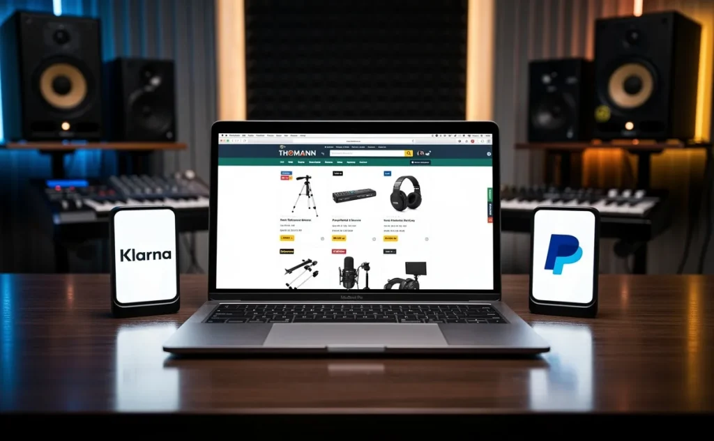 Un ordinateur portable sur un bureau affiche le site Thomann, encadré par les logos Klarna et PayPal, avec un studio de musique en arrière-plan.