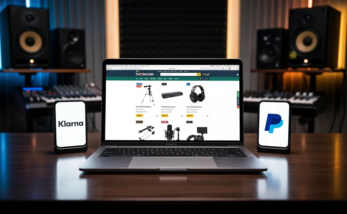 Un ordinateur portable sur un bureau affiche le site Thomann, encadré par les logos Klarna et PayPal, avec un studio de musique en arrière-plan.
