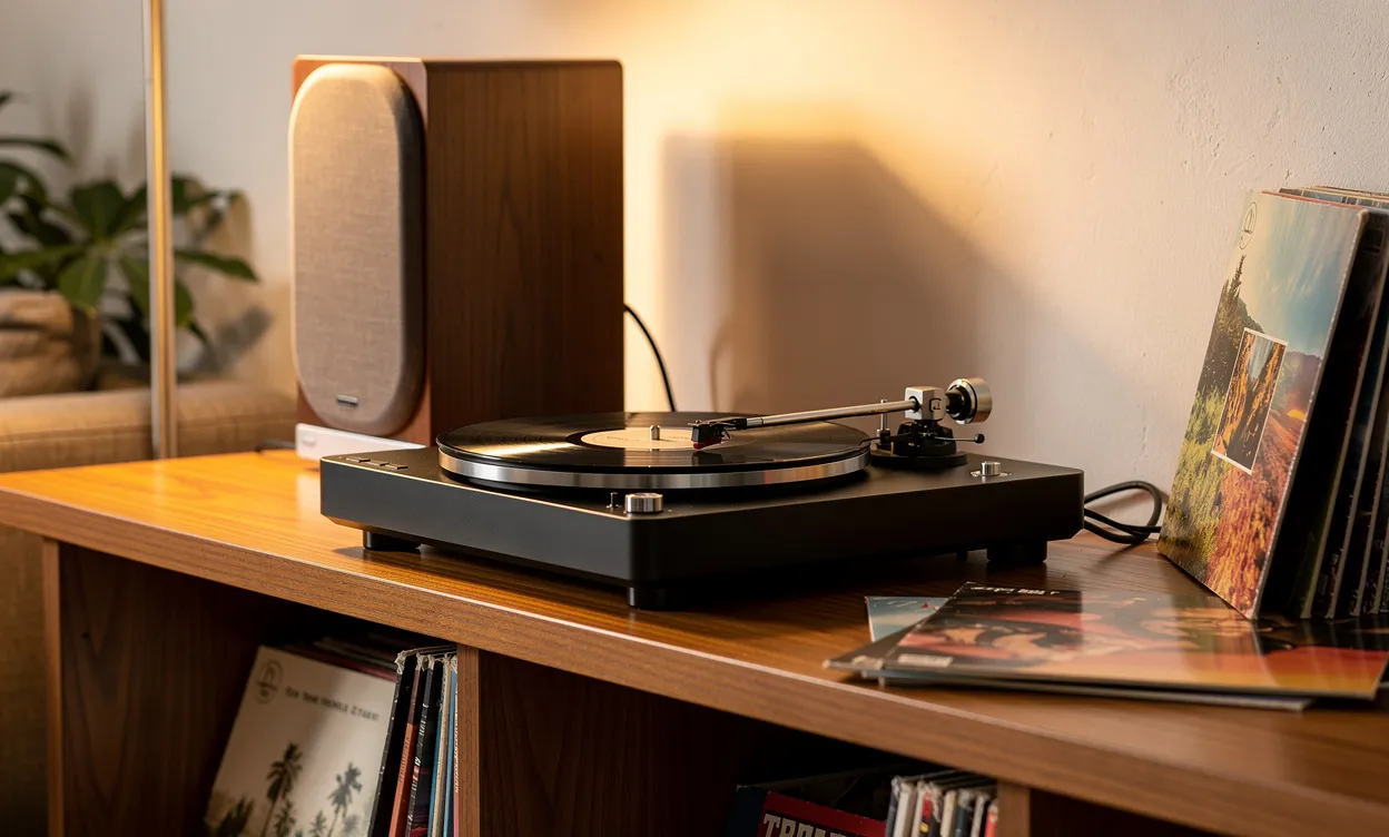 Une platine moderne reliée à une enceinte élégante repose sur une étagère en bois entourée de vinyles et baignées d'une lumière d'ambiance douce.