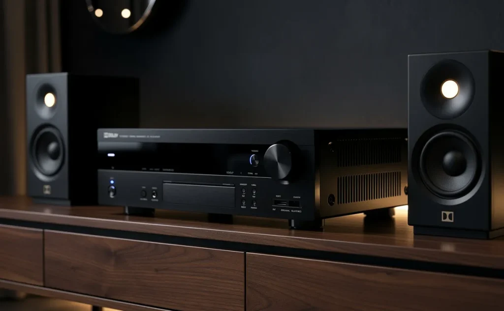 Un amplificateur Dolby Atmos posé sur un meuble en bois, entouré d’enceintes minimalistes illuminées par des LED dans une pièce à l’éclairage tamisé.