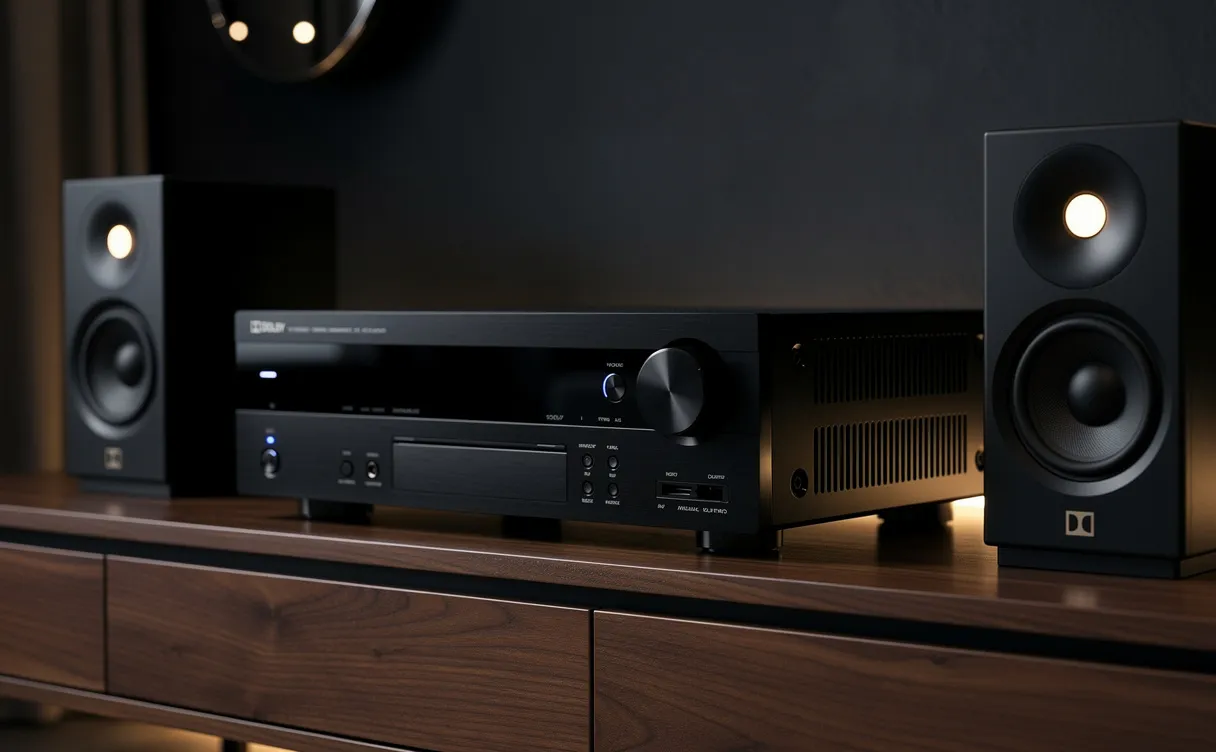 Un amplificateur Dolby Atmos posé sur un meuble en bois, entouré d’enceintes minimalistes illuminées par des LED dans une pièce à l’éclairage tamisé.