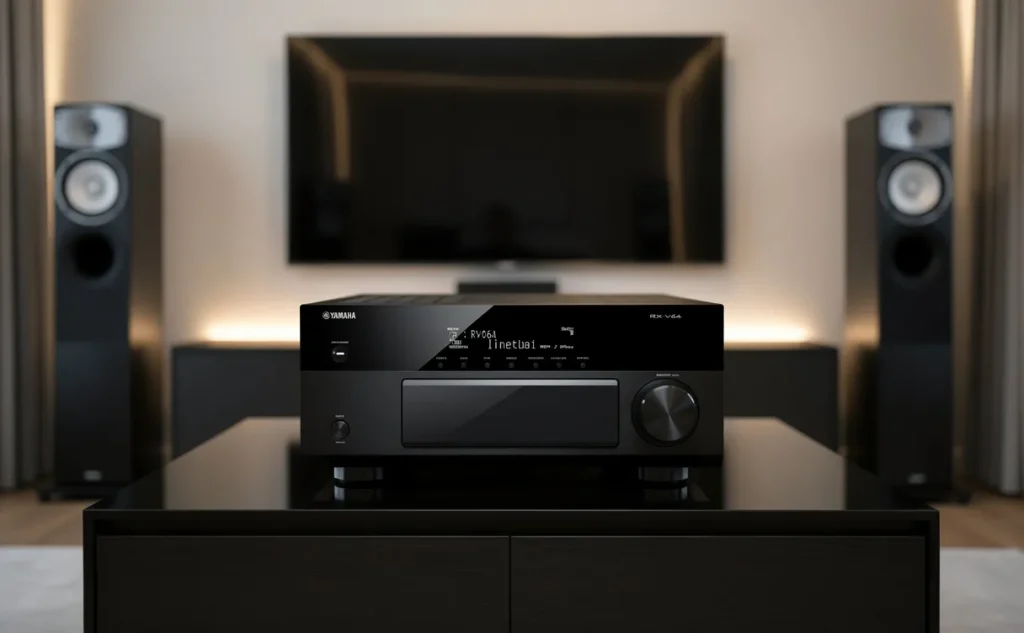 Amplificateur Yamaha RX-V6A posé sur un meuble contemporain, avec une télévision et des enceintes en arrière-plan sous un éclairage tamisé.
