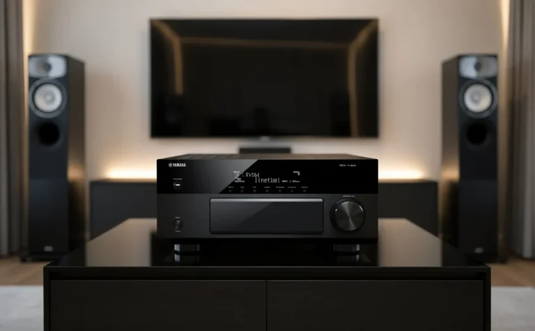 Amplificateur Yamaha RX-V6A posé sur un meuble contemporain, avec une télévision et des enceintes en arrière-plan sous un éclairage tamisé.