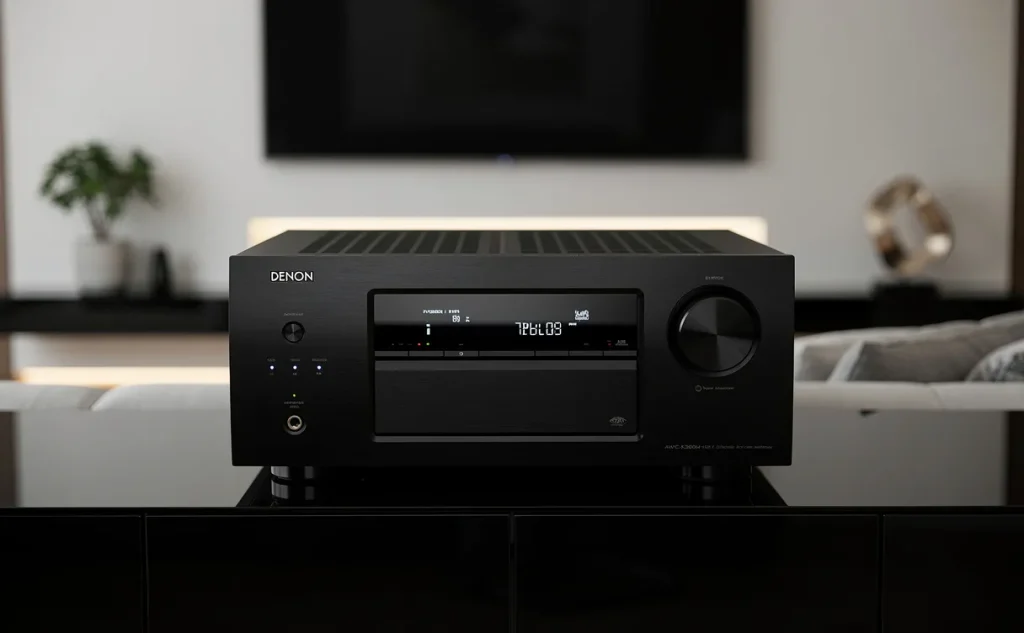 Amplificateur home cinéma Denon AVC-X3800H posé dans un salon moderne, avec voyants LED allumés et reflet discret sur une surface brillante.