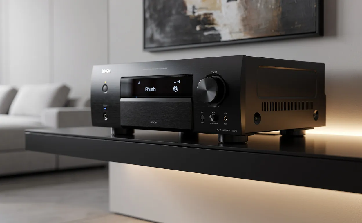 Un amplificateur Denon AVC-X4800H à finition métal brossé est posé sur une étagère moderne dans un salon raffiné, éclairé par une lumière douce.