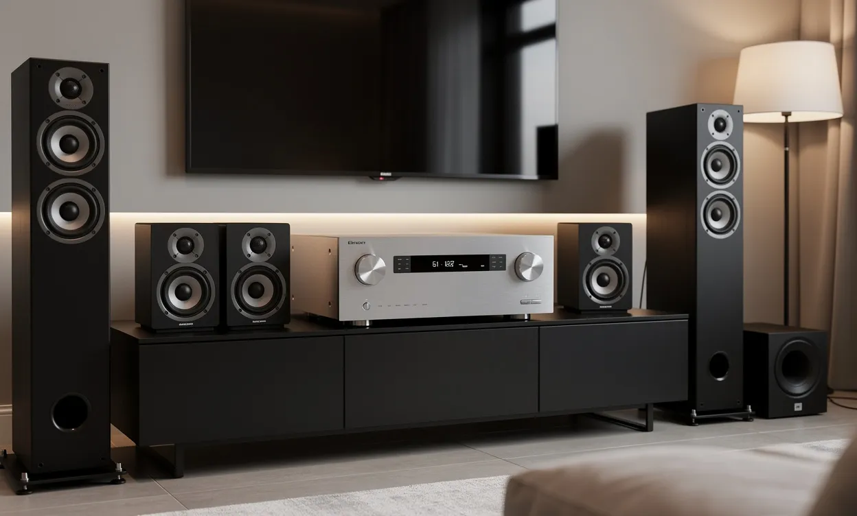 Un amplificateur home cinéma 5.1 est posé au centre d’un salon moderne, entouré de cinq enceintes et d’un caisson de basse, avec un éclairage d’ambiance doux.