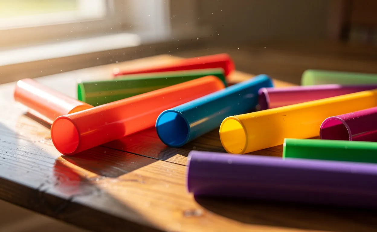 Des Boomwhackers colorés sont dispersés sur une table en bois éclairée par la lumière du soleil.