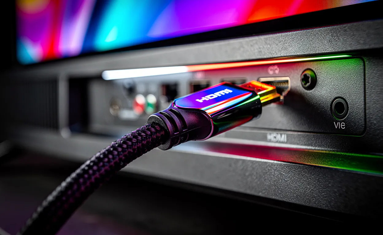 Gros plan sur un câble HDMI branché à l’arrière d’un téléviseur 4K affichant des lumières colorées et des reflets sur le câble.