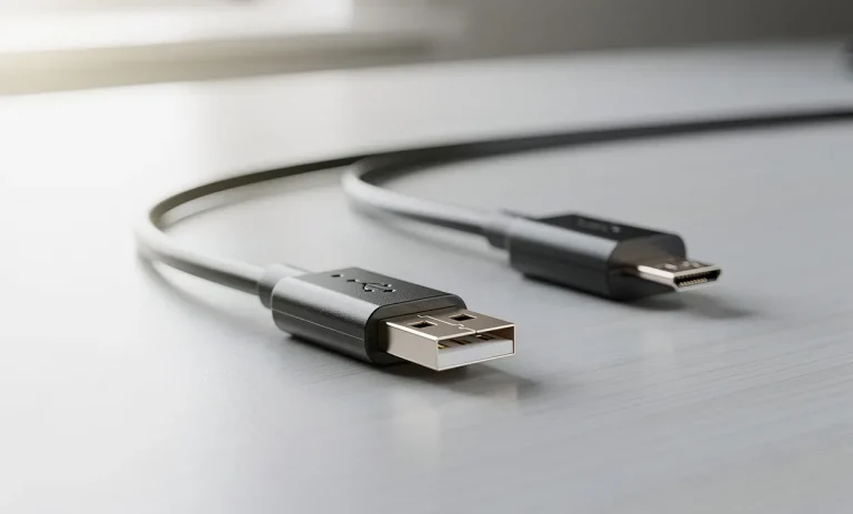 Un câble USB Mini vers USB-A posé sur un bureau moderne, éclairé par une lumière naturelle douce.