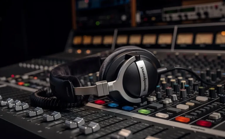 Un casque Beyerdynamic DT 770 Pro posé sur une console de mixage dans un studio de musique à l'ambiance tamisée.