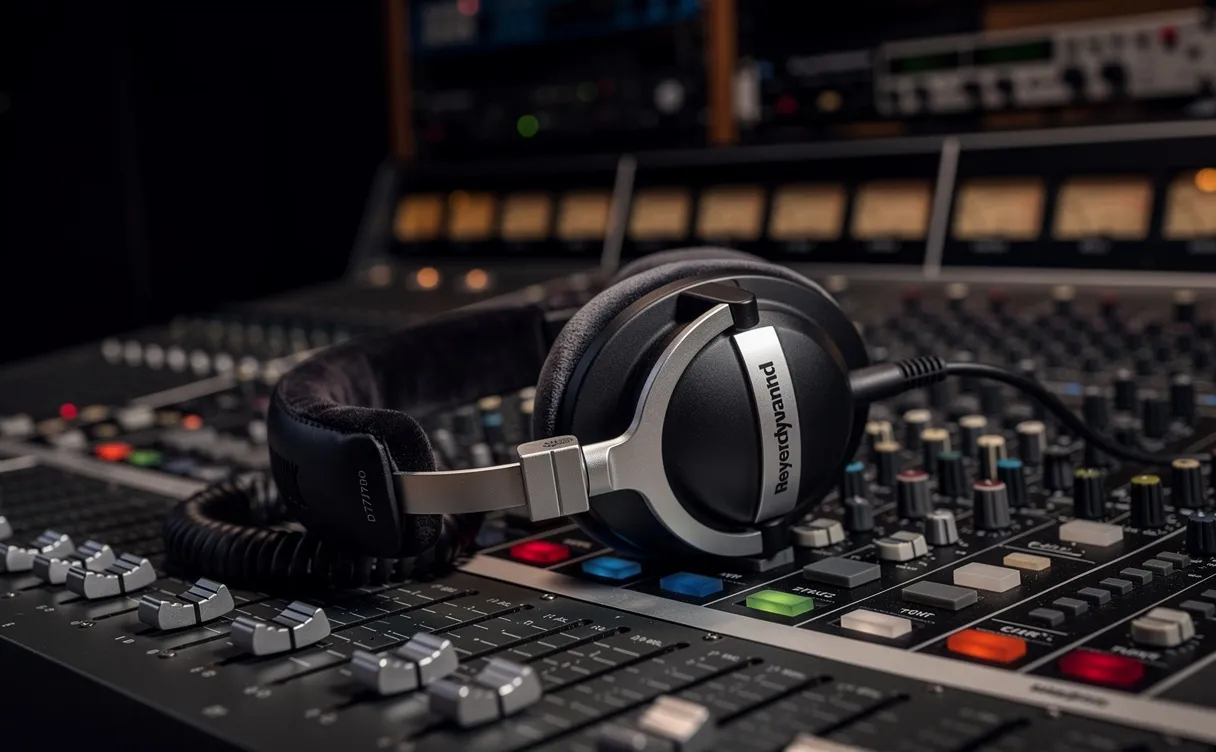 Un casque Beyerdynamic DT 770 Pro posé sur une console de mixage dans un studio de musique à l'ambiance tamisée.