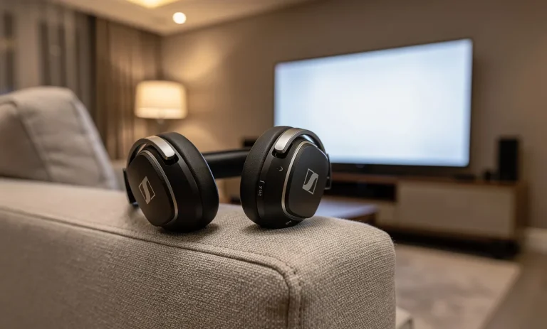 Un casque sans fil Sennheiser RS 175 repose sur un canapé moderne dans un salon élégant, avec une télévision allumée en arrière-plan et une lumière d’ambiance chaleureuse.