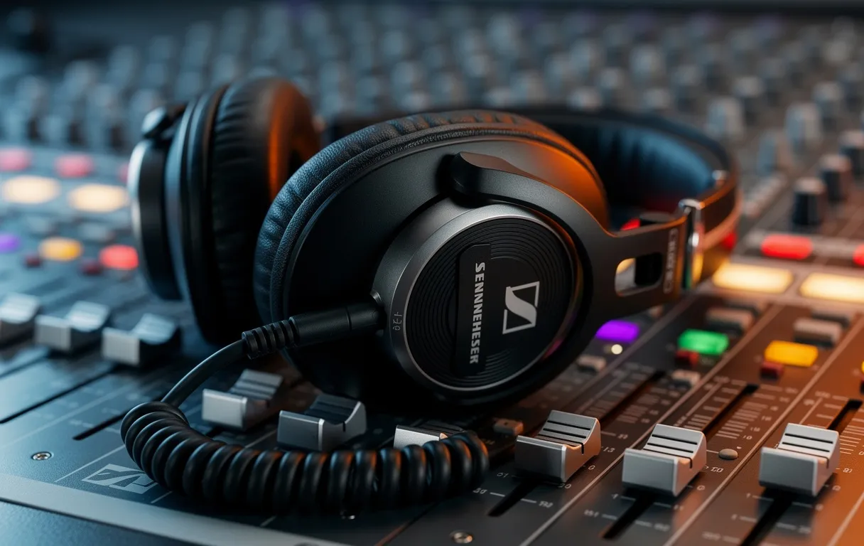 Un casque audio Sennheiser HD 25-1 II posé sur une console de mixage sous un éclairage tamisé en studio.