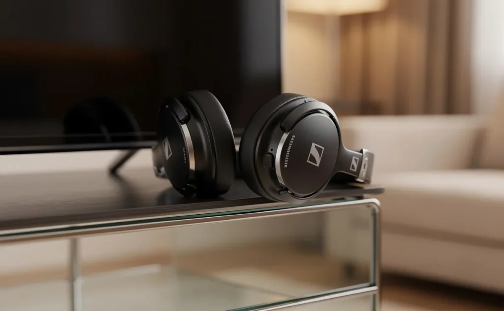 Un casque Sennheiser repose sur le bord d’un téléviseur moderne dans un salon à la lumière douce.