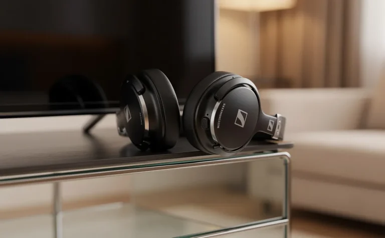 Un casque Sennheiser repose sur le bord d’un téléviseur moderne dans un salon à la lumière douce.
