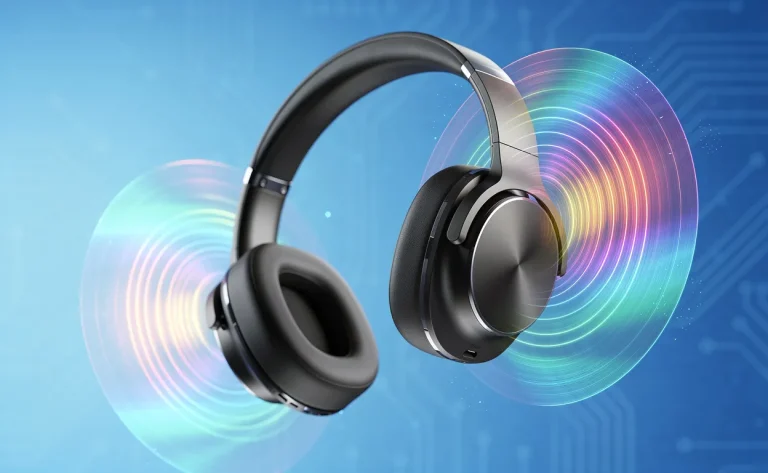 Casque audio sans fil élégant émettant des ondes sonores dans une atmosphère bleue moderne avec une mise au point nette et une lumière douce.