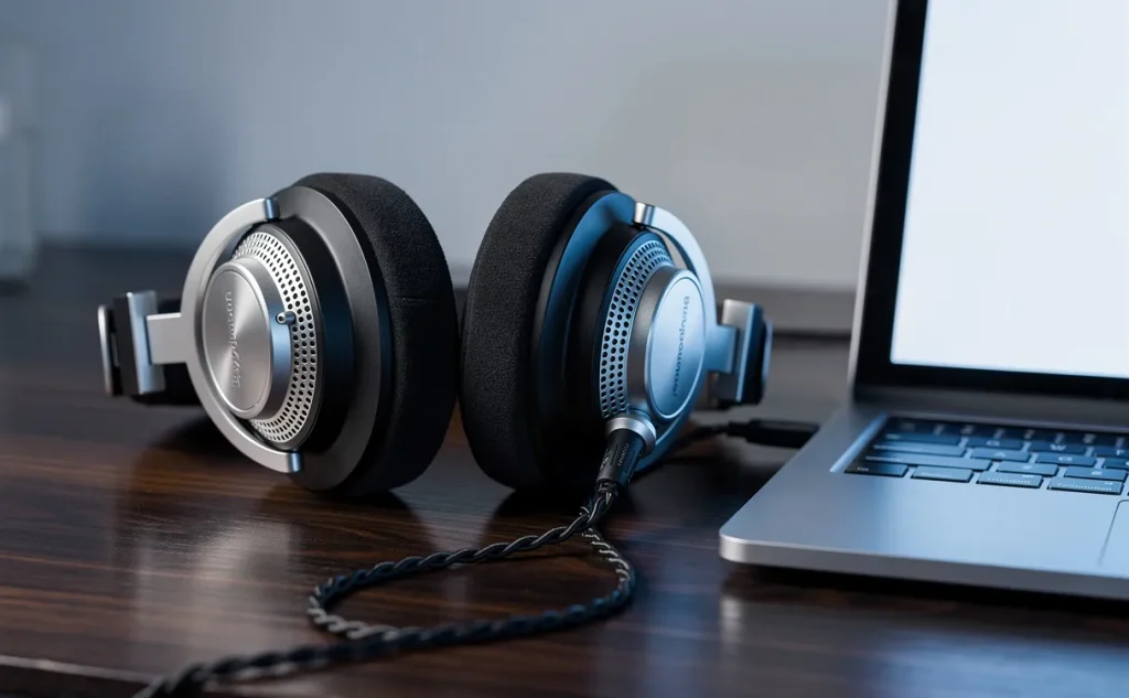Un casque beyerdynamic DT 990 Pro repose sur un bureau en bois sombre à côté d’un écran d’ordinateur portable allumé, dans une lumière froide qui met en valeur les détails métalliques.