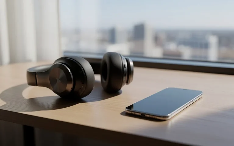 Un casque audio bluetooth à réduction de bruit repose sur un bureau élégant à côté d’un smartphone, avec une vue citadine visible par la fenêtre en arrière-plan.