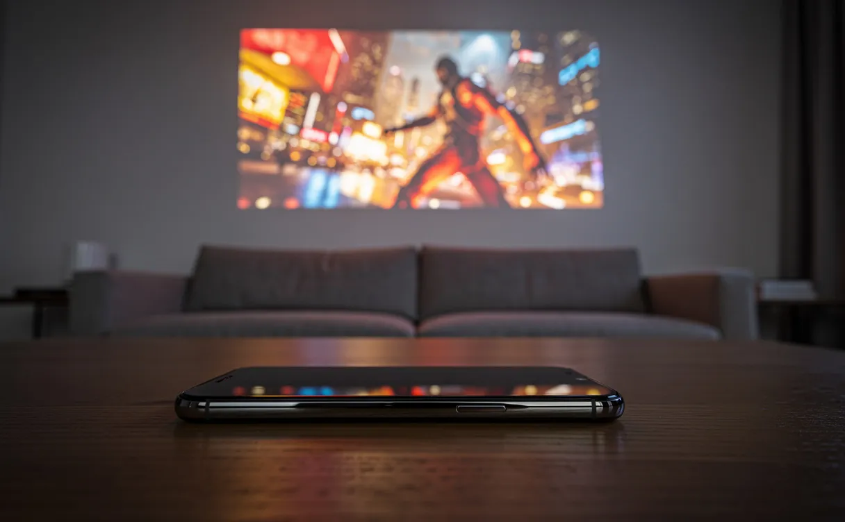 Un smartphone moderne projette une scène de film colorée sur un mur de salon minimaliste la nuit, éclairant doucement la pièce.