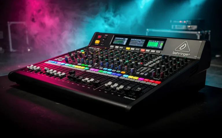 Une console de mixage numérique Behringer X32 Compact éclairée par des LED colorées se trouve sur une scène dans une ambiance brumeuse.