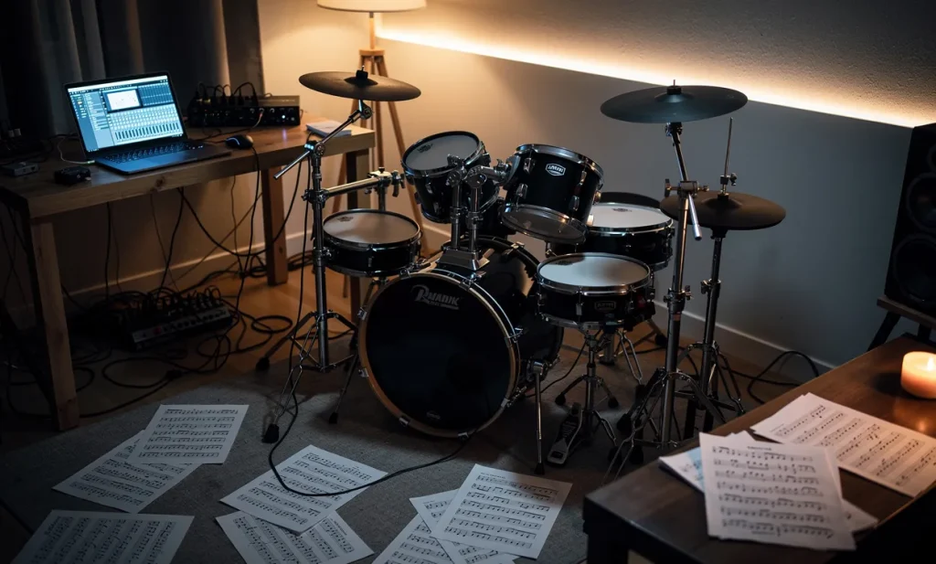 Batterie électronique entourée de partitions manuscrites et d’un ordinateur portable allumé dans un studio faiblement éclairé.