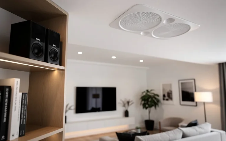 Plafond d’un salon moderne avec un haut-parleur Dolby Atmos encastré et un autre posé sur une étagère reflétant le son vers le haut.