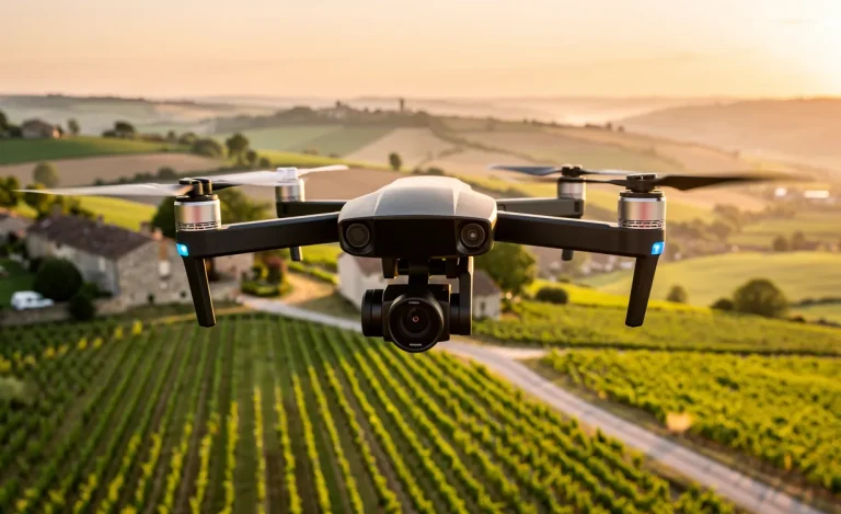 Un drone Parrot Anafi survole une campagne française au coucher du soleil et prend des photos aériennes avec sa caméra orientée vers le sol.