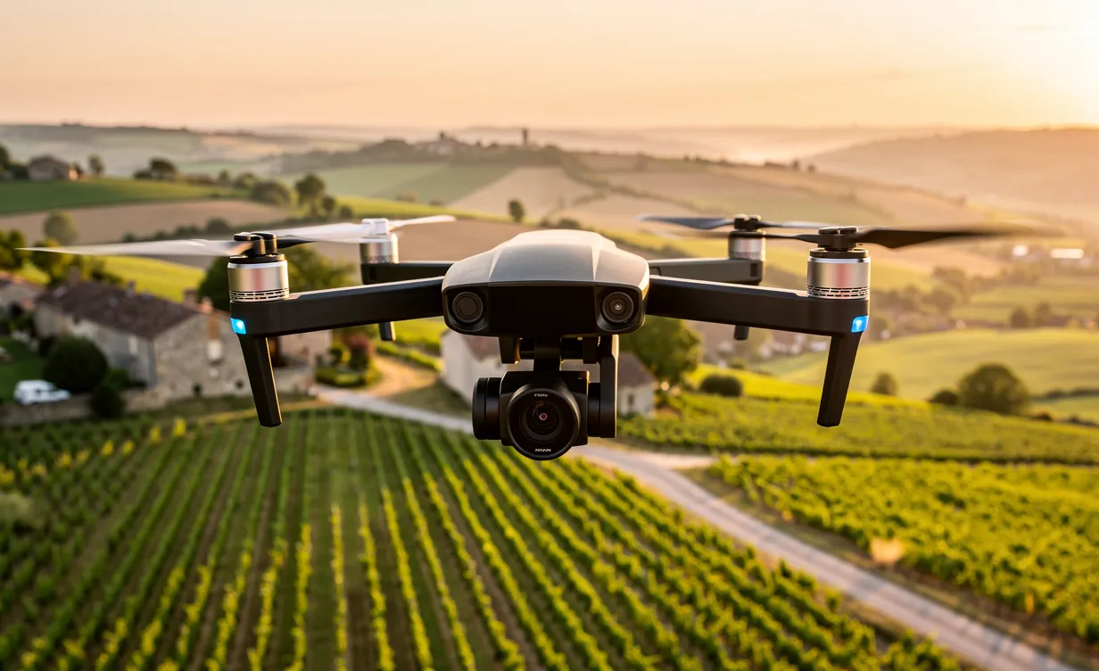 Un drone Parrot Anafi survole une campagne française au coucher du soleil et prend des photos aériennes avec sa caméra orientée vers le sol.