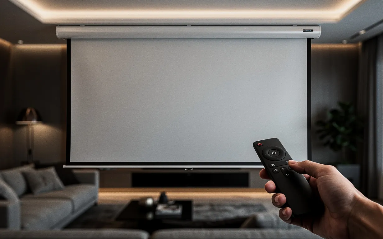 Un écran de vidéoprojecteur motorisé descend dans un salon moderne faiblement éclairé, avec une télécommande tenue en main.