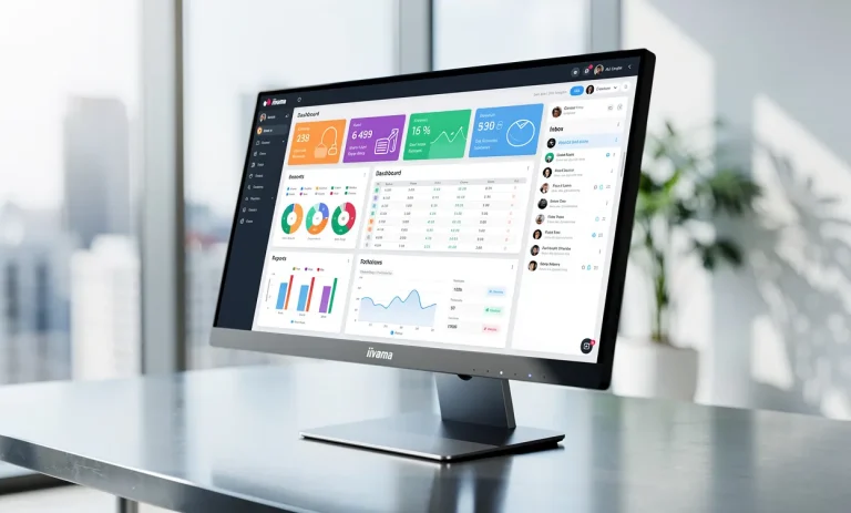 Un écran tactile iiyama ProLite posé sur un bureau moderne affiche des applications professionnelles dans un bureau baigné de lumière naturelle.