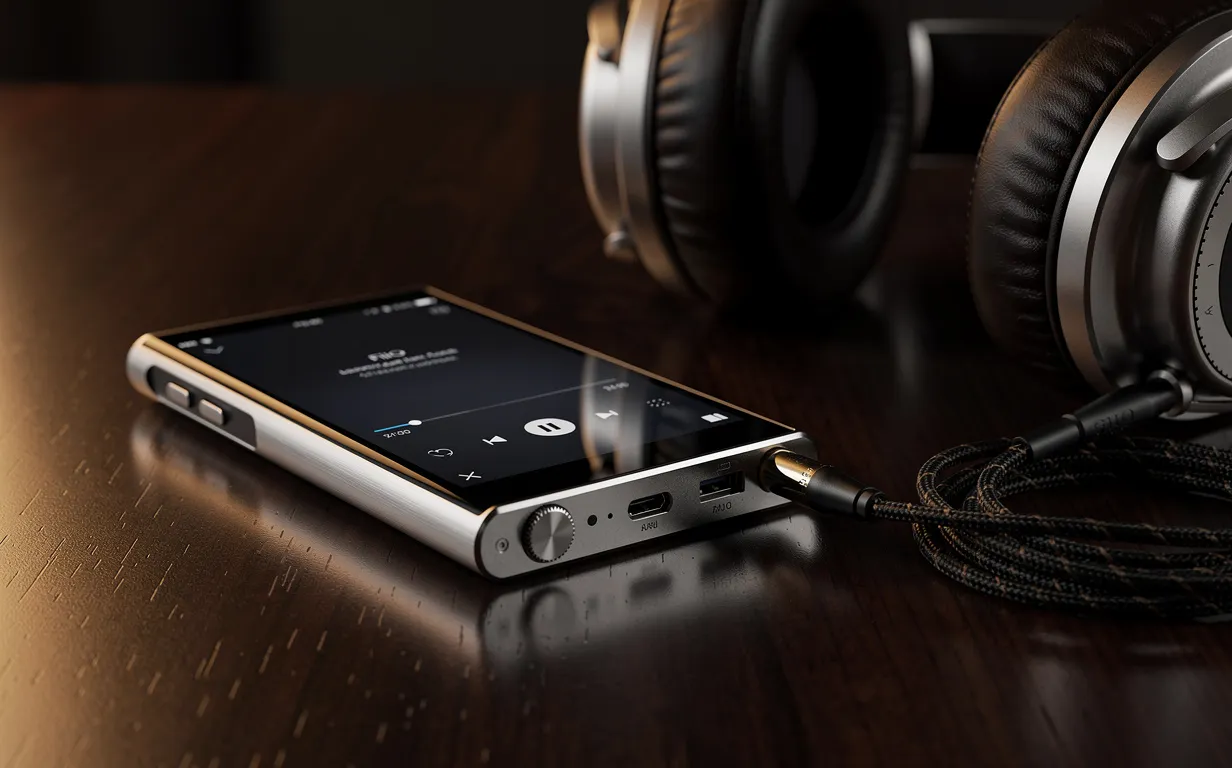 Lecteur audio FiiO M11 Plus posé sur un bureau en bois sombre avec un casque audio haut de gamme à côté, sous un éclairage tamisé.