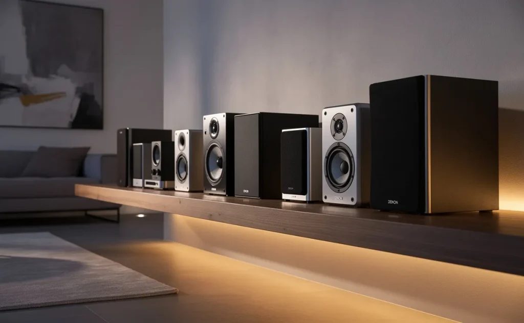 Divers haut-parleurs Denon sont posés sur une étagère en bois moderne, éclairés par une lumière douce dans un salon contemporain.
