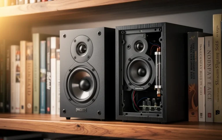 Deux enceintes compactes posées parmi des livres sur une étagère en bois, avec l’une tournée pour montrer ses composants audio, sous un éclairage chaleureux.