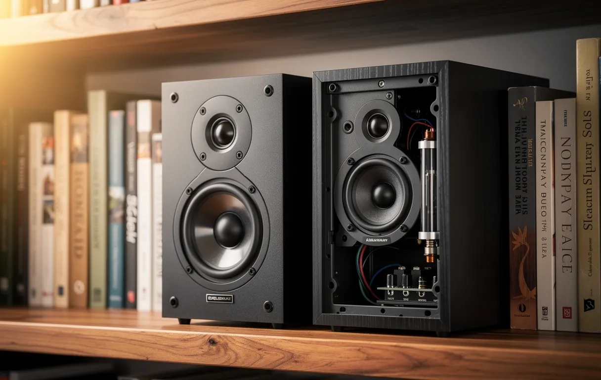 Deux enceintes compactes posées parmi des livres sur une étagère en bois, avec l’une tournée pour montrer ses composants audio, sous un éclairage chaleureux.