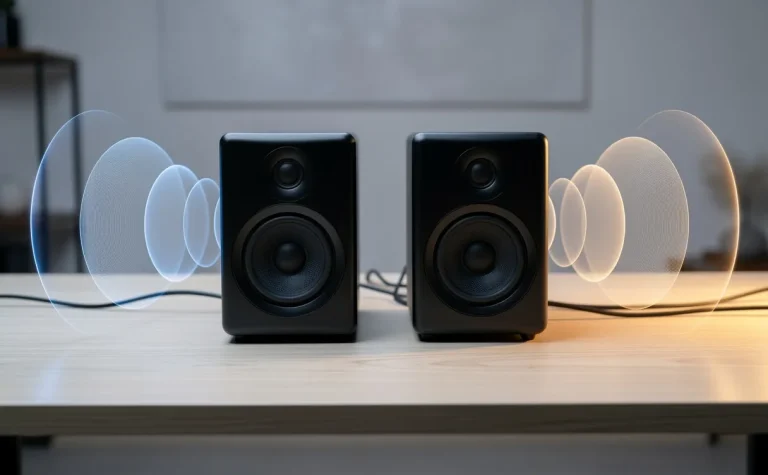 Deux enceintes actives élégantes posées sur un bureau en bois moderne, reliées par des câbles visibles et entourées d’une lumière d’ambiance, diffusent des ondes sonores.