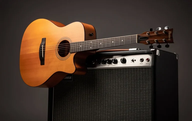 Guitare Ibanez FRH10N en bois posée sur un amplificateur moderne, éclairée par une lumière douce en studio.
