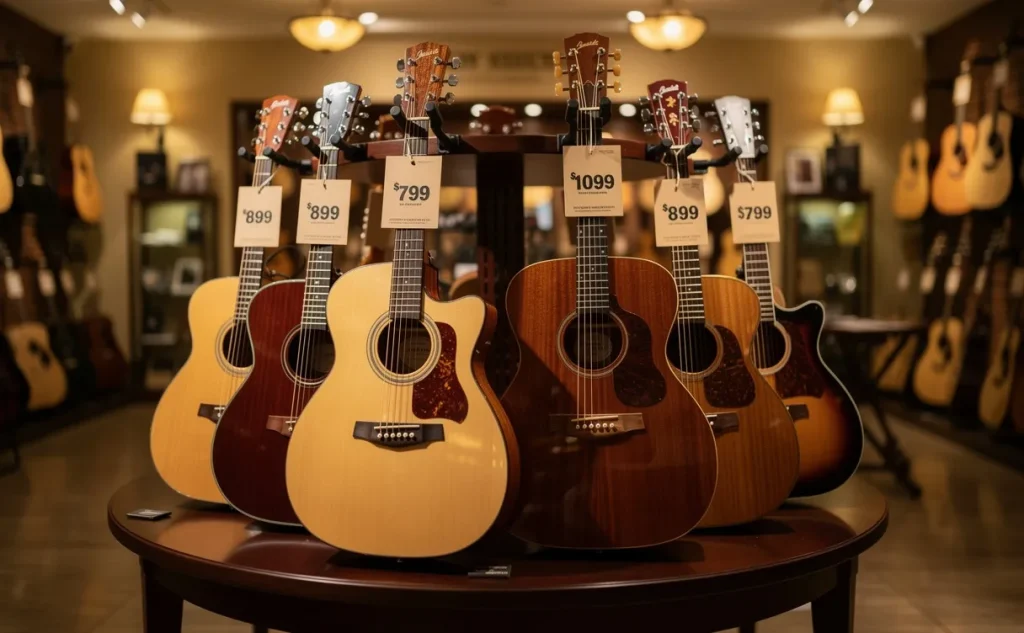 Des guitares acoustiques sont disposées sur un présentoir en bois dans un magasin de musique à l’éclairage doux, chacune portant une étiquette de prix.