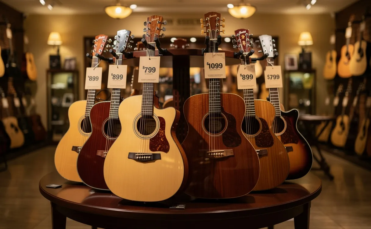 Des guitares acoustiques sont disposées sur un présentoir en bois dans un magasin de musique à l’éclairage doux, chacune portant une étiquette de prix.