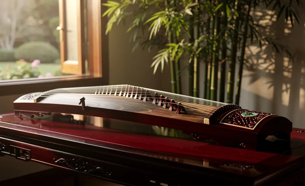 Un guzheng traditionnel repose sur une table en bois laqué près d’une fenêtre ouverte, avec de la lumière du matin et des bambous à l’extérieur.