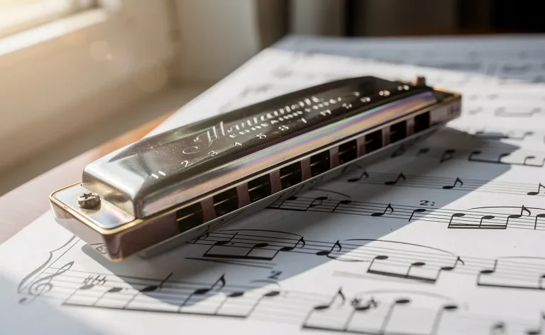 Gros plan sur une harmonica chromatique posée sur une partition éclairée par la lumière du soleil.