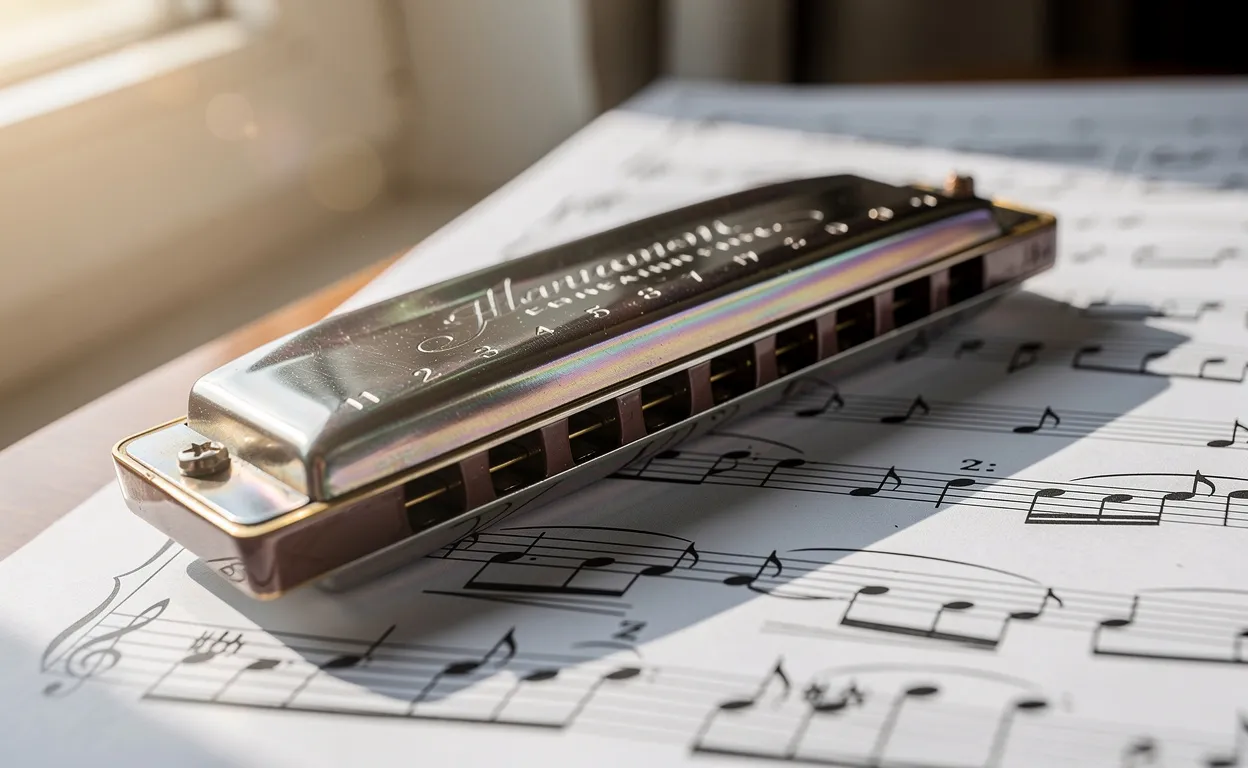 Gros plan sur une harmonica chromatique posée sur une partition éclairée par la lumière du soleil.