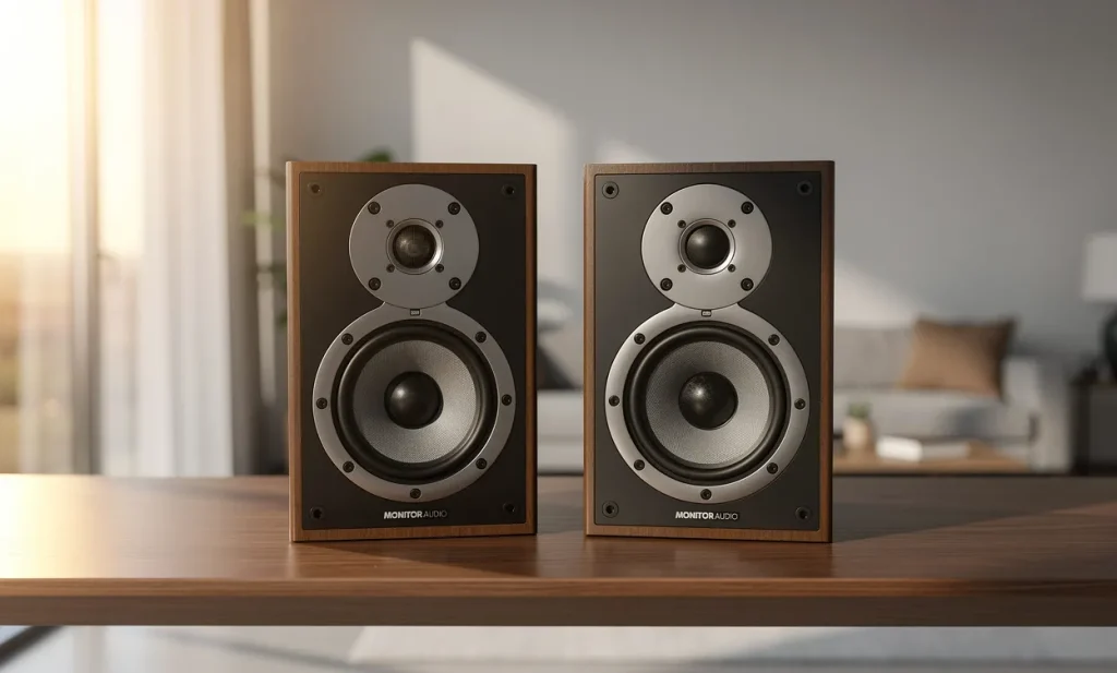 Deux enceintes Monitor Audio Bronze 2 posées sur une étagère en bois dans un salon moderne, éclairées par la lumière naturelle des fenêtres.