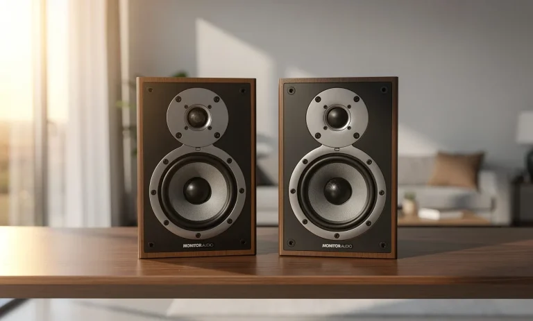 Deux enceintes Monitor Audio Bronze 2 posées sur une étagère en bois dans un salon moderne, éclairées par la lumière naturelle des fenêtres.