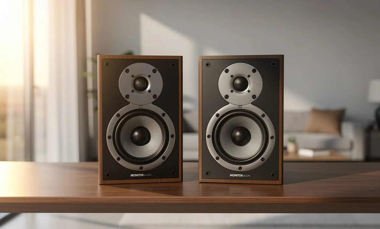 Deux enceintes Monitor Audio Bronze 2 posées sur une étagère en bois dans un salon moderne, éclairées par la lumière naturelle des fenêtres.