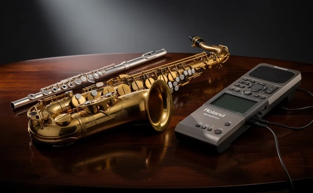Des instruments à vent, dont un saxophone, une flûte et un Roland Aerophone, sont disposés sur une table en bois sous une lumière douce.