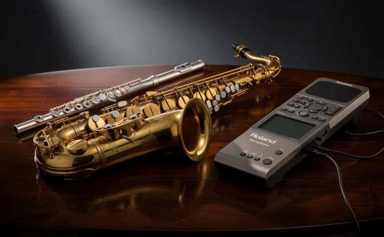 Des instruments à vent, dont un saxophone, une flûte et un Roland Aerophone, sont disposés sur une table en bois sous une lumière douce.