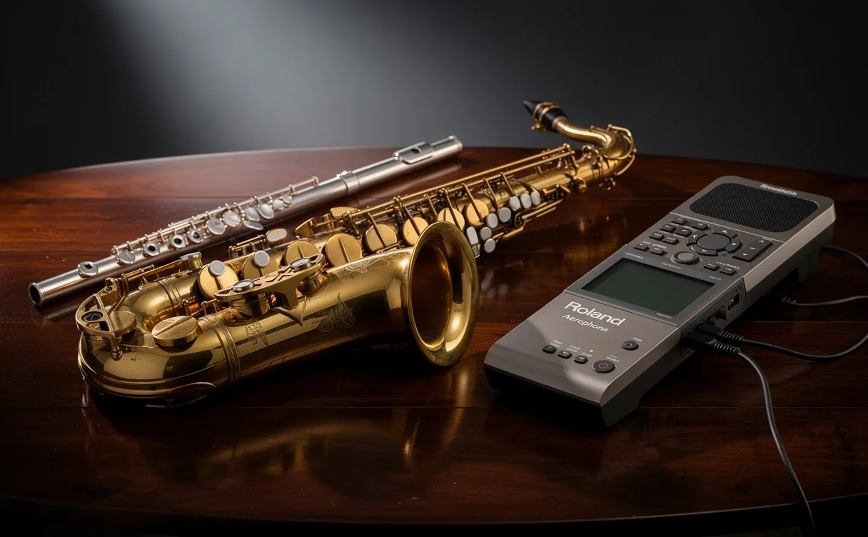 Des instruments à vent, dont un saxophone, une flûte et un Roland Aerophone, sont disposés sur une table en bois sous une lumière douce.