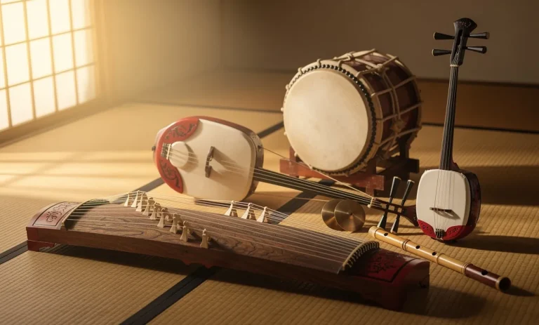Six instruments de musique japonais traditionnels reposent sur un tatami, éclairés par une lumière douce filtrée à travers un shoji.