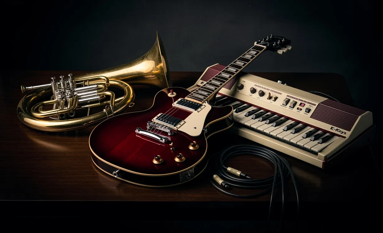 Instruments de musique débutant par E, comme une guitare électrique, un euphonium et un clavier électronique, posés sur une table en bois sombre sous un éclairage tamisé.